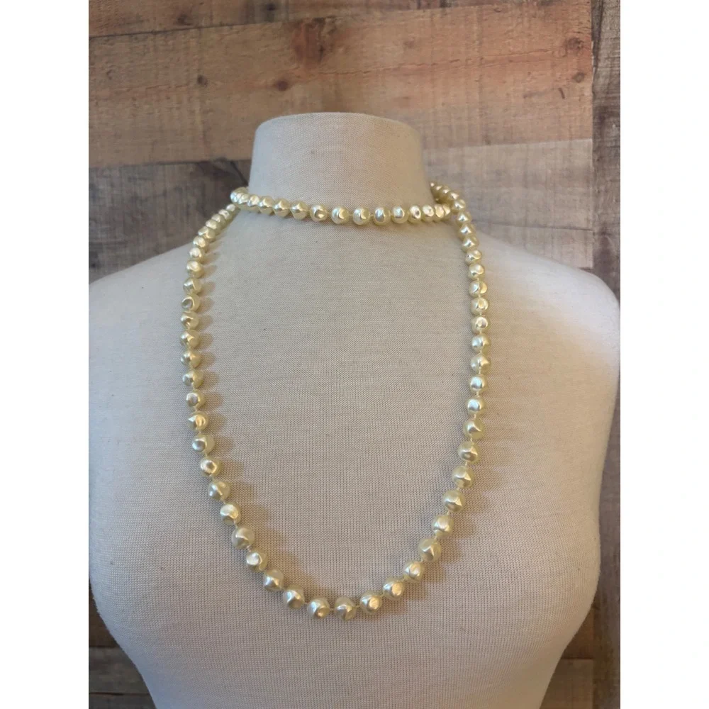 Vintage Style Cream Faux Pearl Rope Necklace 48 Inch Continuous Strand
